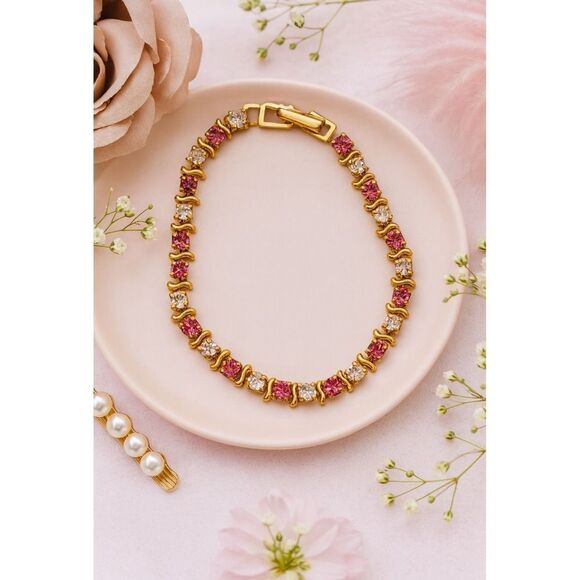 90s Vintage Womens Pink Gold Tone Rhinestone Clasp Bracelet Feminine Dainty Chic - Picture 1 of 4